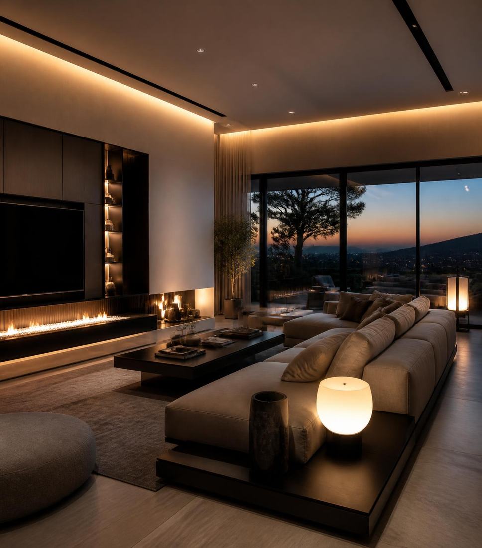 Sfeervol verlicht modern interieur